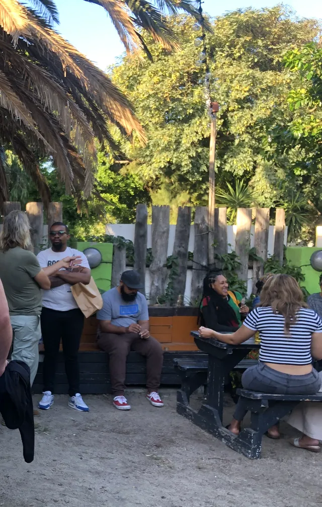 Trenchtown's courtyard under the palm trees on a sunny afternoon